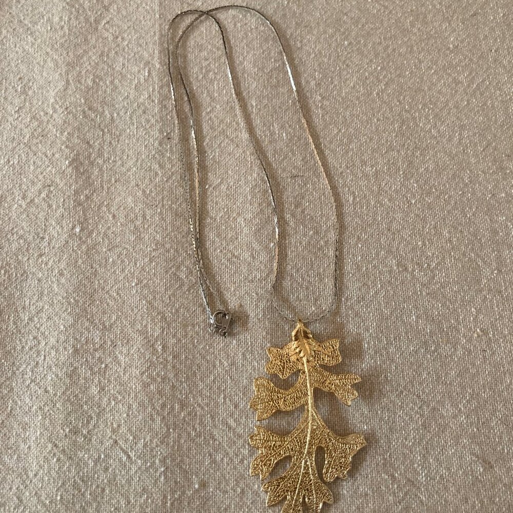 Filigree Gold Plated Leaf Pendant on Silver Tone Chain